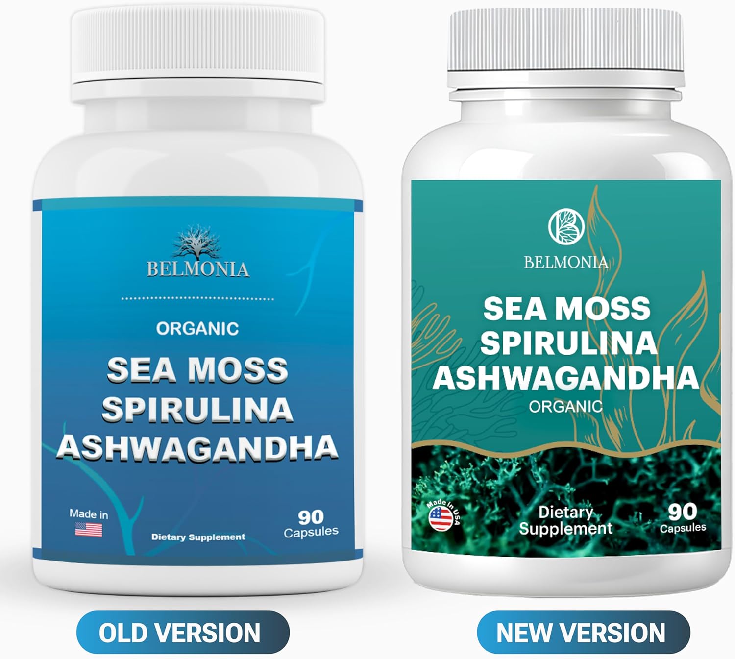 Organic Sea Moss Capsules with Spirulina, Ashwagandha - High Potency Supplement for Strength & Endurance - 90 Count - Made in USA
