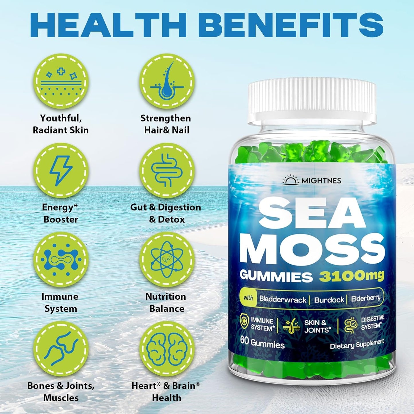 Organic Sea Moss Gummies for Women with Bladderwrack, Burdock Root, Elderberry, Vitamin C, and Zinc - 120 pcs, Immune Support & Detox Cleanse for Skin, Joints, Digestive Health