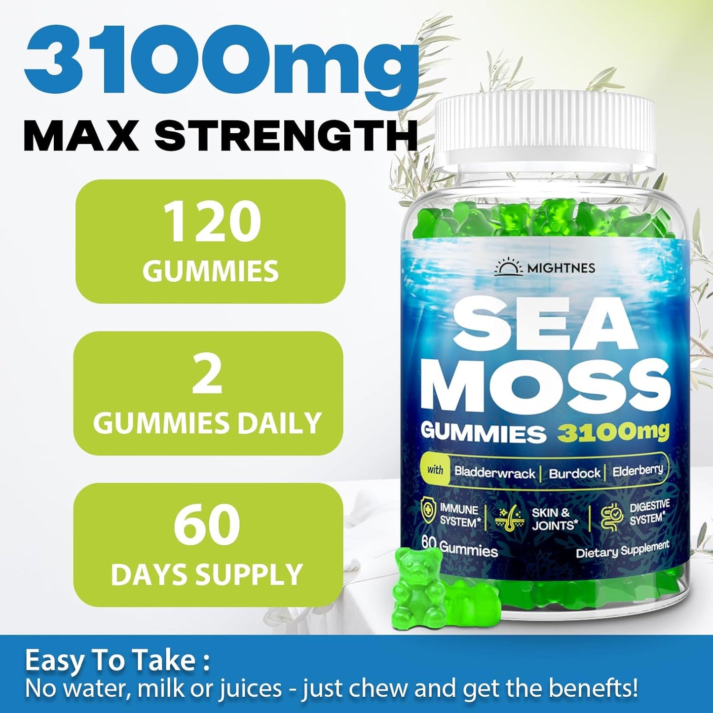 Organic Sea Moss Gummies for Women with Bladderwrack, Burdock Root, Elderberry, Vitamin C, and Zinc - 120 pcs, Immune Support & Detox Cleanse for Skin, Joints, Digestive Health
