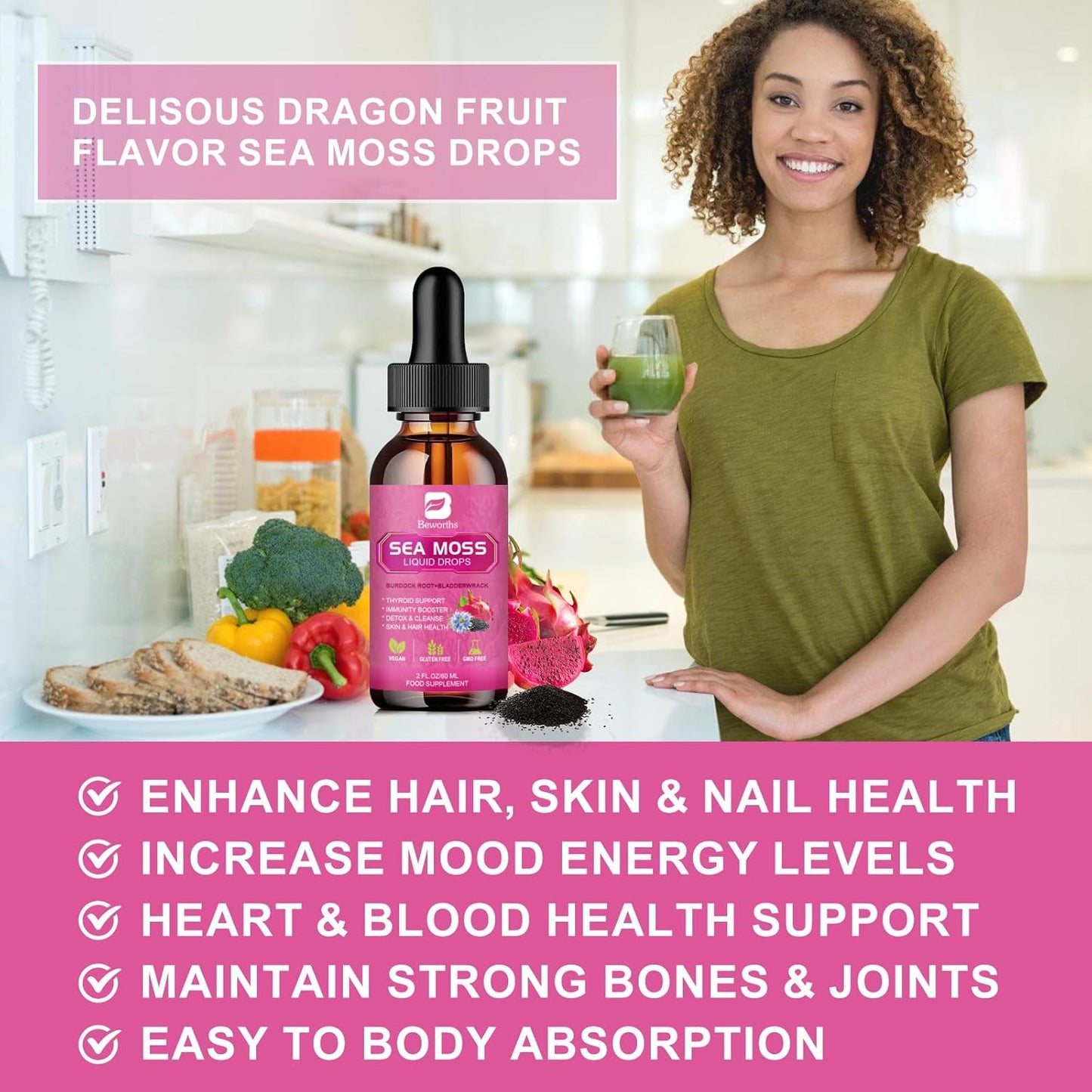 Organic Sea Moss Liquid Drops with Black Seed Oil, Burdock Root, Elderberry, Vitamin C & D3 - 6X Stronger Gel for Digestive & Hair Health - Vegan Formula