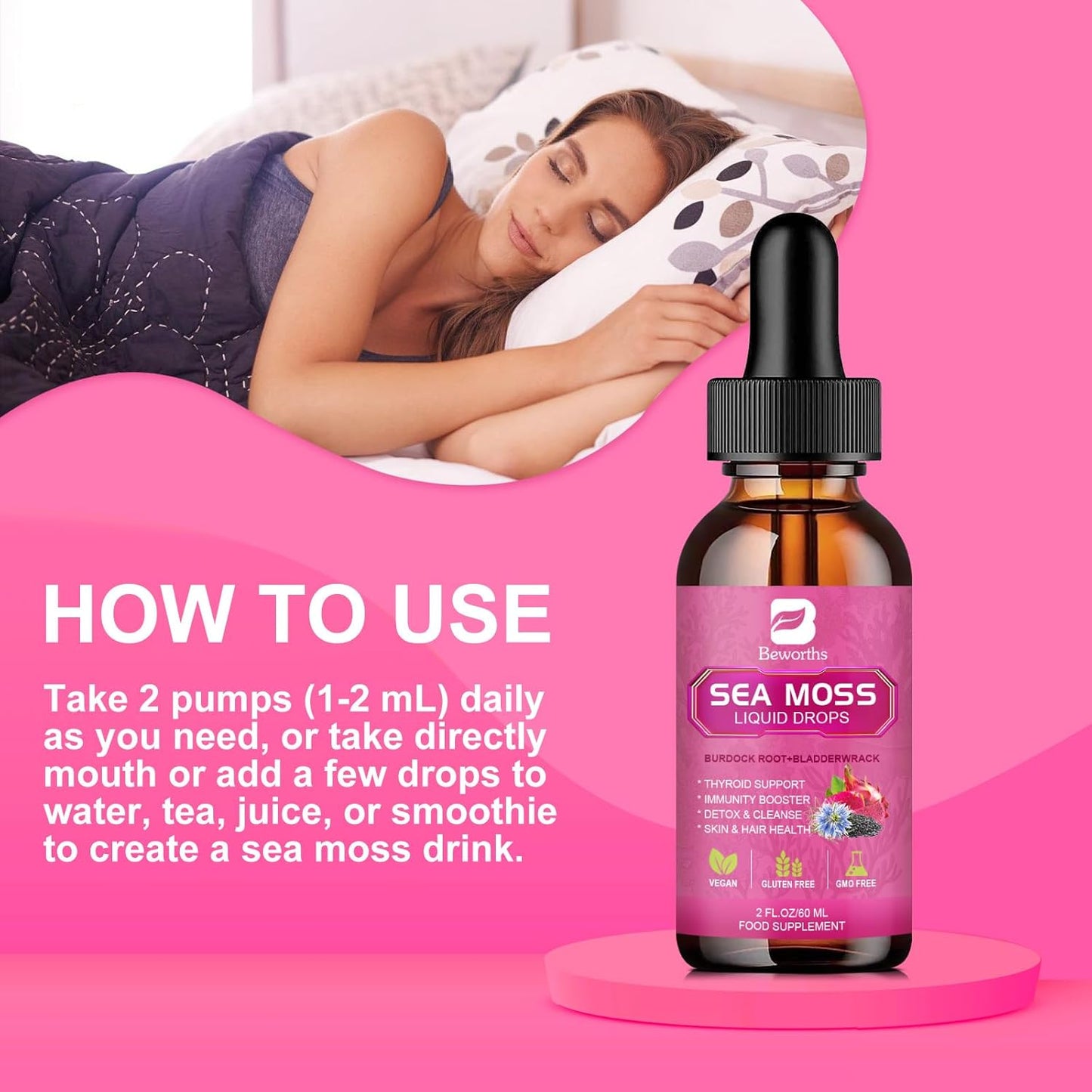 Organic Sea Moss Liquid Drops with Black Seed Oil, Burdock Root, Elderberry, Vitamin C & D3 - 6X Stronger Gel for Digestive & Hair Health - Vegan Formula
