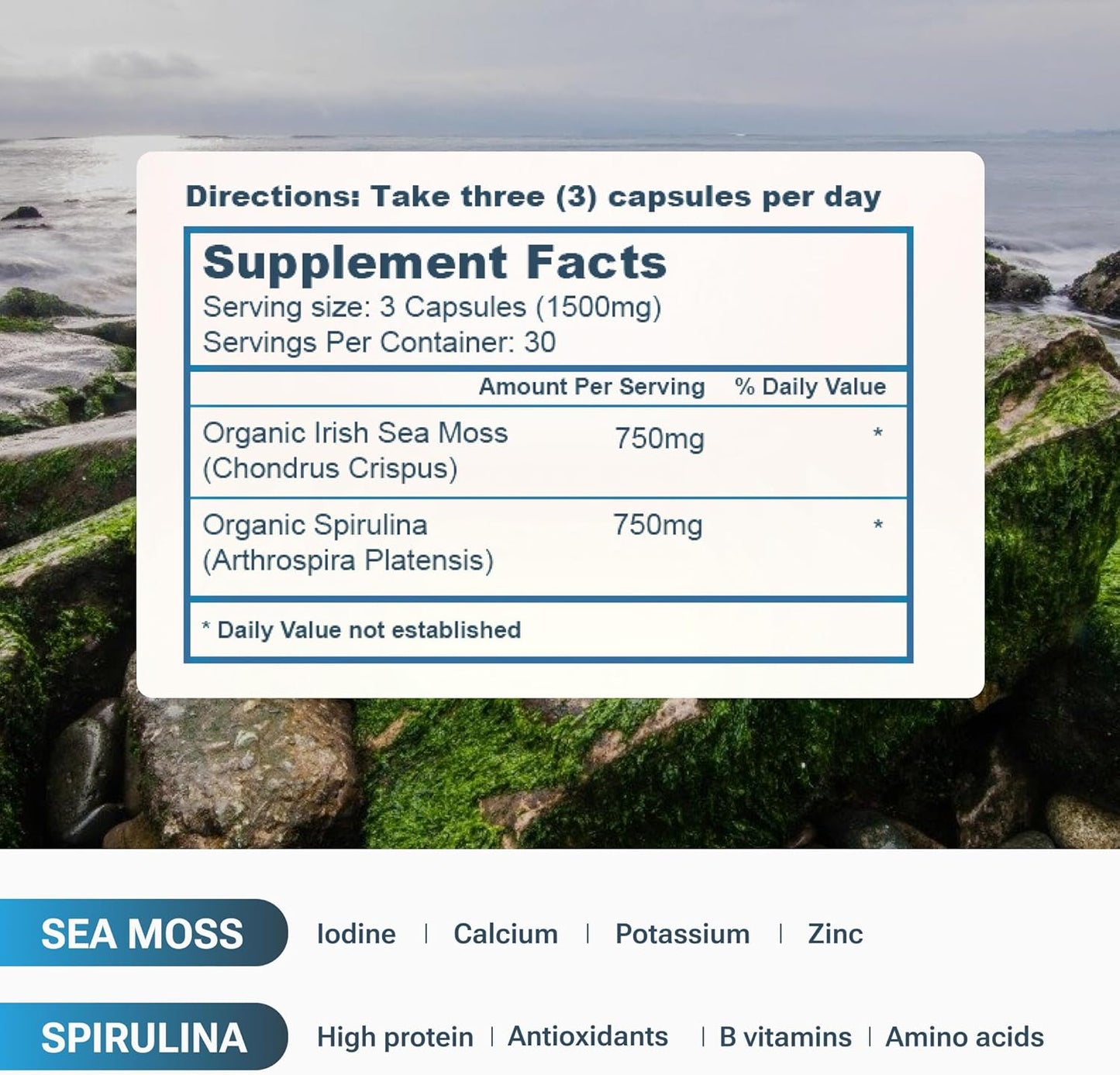 Organic Sea Moss Spirulina Capsules - High Potency Strength & Endurance Supplement for Men & Women - 100% Pure Superfood - Made in USA - 90 Vegan Caps