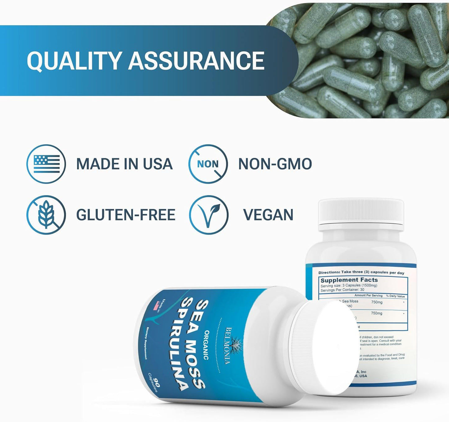 Organic Sea Moss Spirulina Capsules - High Potency Strength & Endurance Supplement for Men & Women - 100% Pure Superfood - Made in USA - 90 Vegan Caps