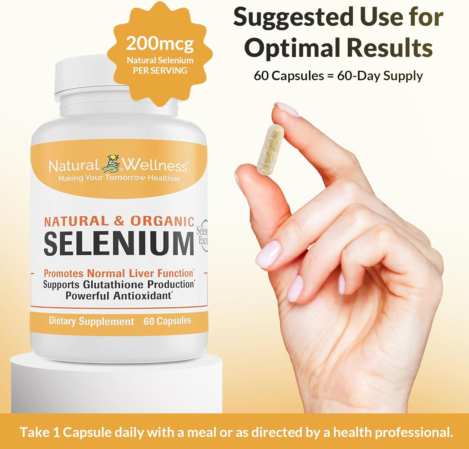 Organic Selenium 200 mcg Capsules for Antioxidant, Thyroid, and Metabolism Support - 60 Day Supply