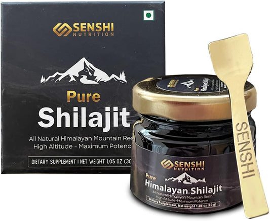 Organic Senshi Nutrition Shilajit Resin - High Altitude Himalayan Mountain Extract with Fulvic Acid - 100% Pure, 85+ Trace Minerals - 1 oz with Free Spoon