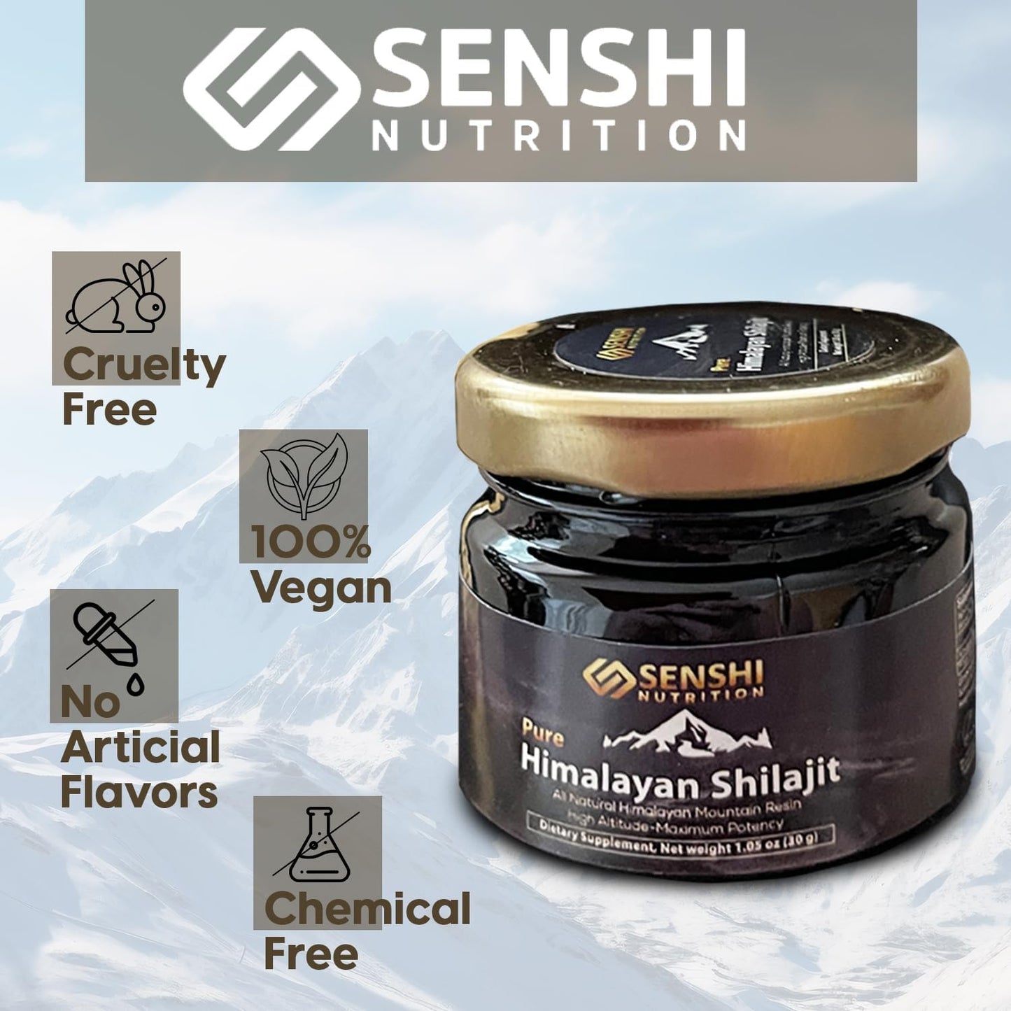 Organic Senshi Nutrition Shilajit Resin - High Altitude Himalayan Mountain Extract with Fulvic Acid - 100% Pure, 85+ Trace Minerals - 1 oz with Free Spoon