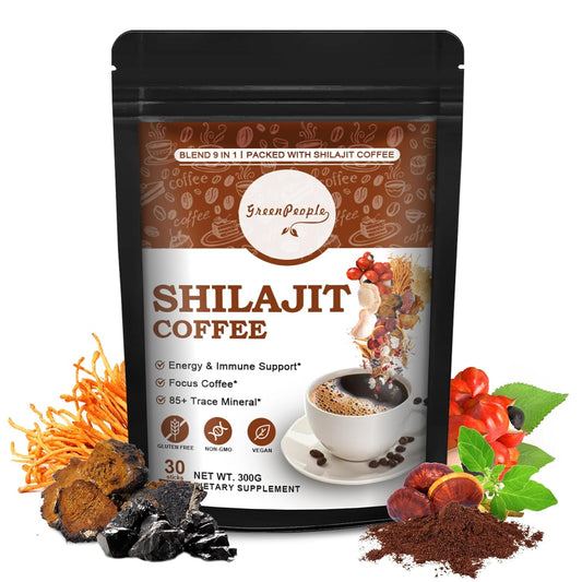 Organic Shilajit Coffee Powder with Ashwagandha, Chaga, Reishi Mushroom, and Ginseng - Superfood for Focus and Energy, 30 Servings