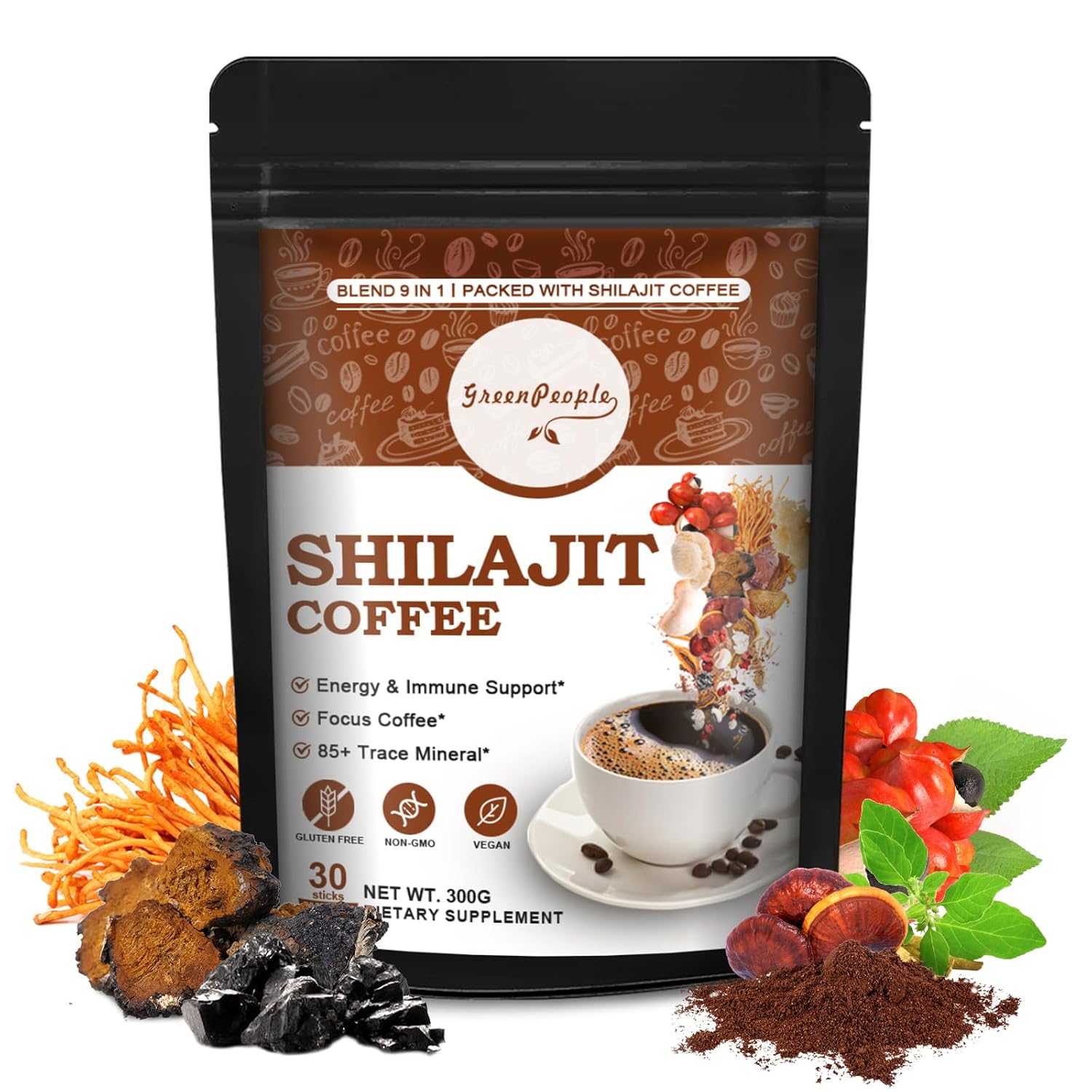 Organic Shilajit Coffee Powder with Ashwagandha, Chaga, Reishi Mushroom, and Ginseng - Superfood for Focus and Energy, 30 Servings