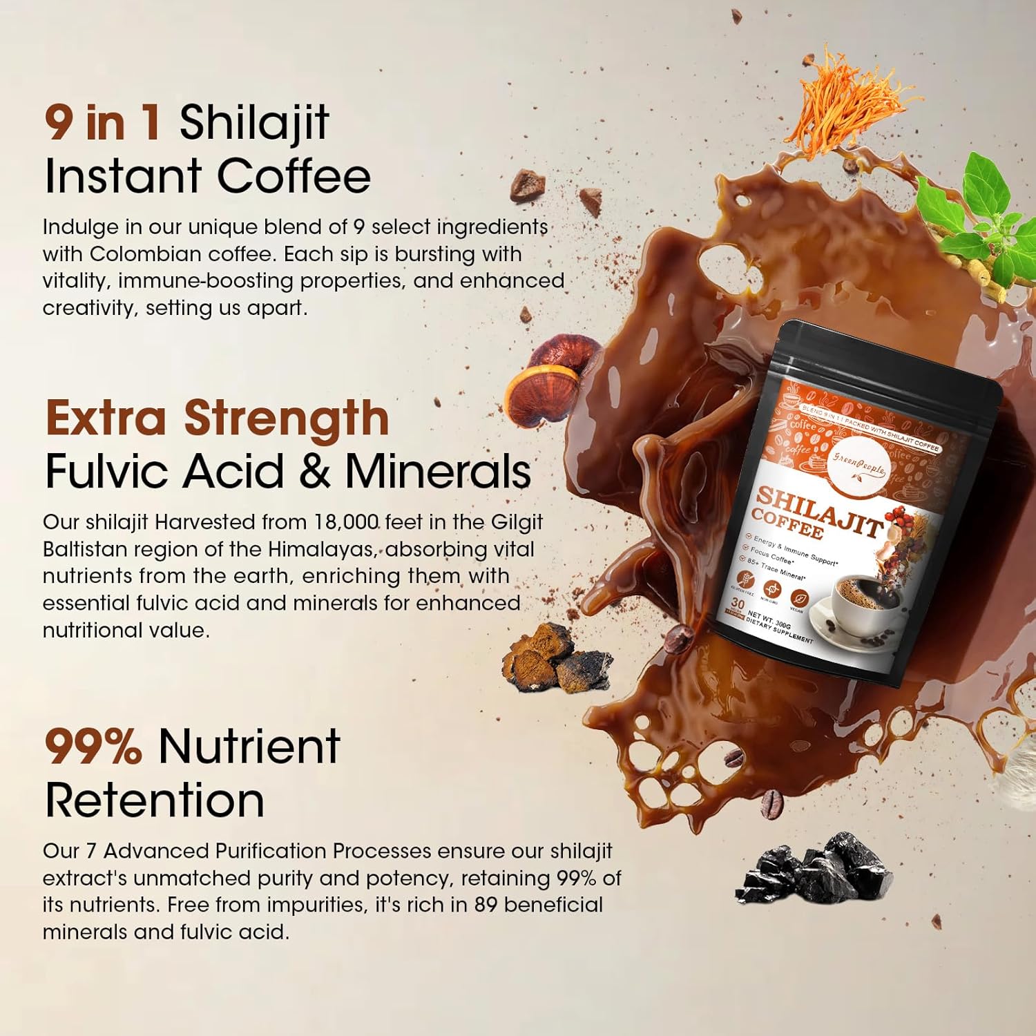 Organic Shilajit Coffee Powder with Ashwagandha, Chaga, Reishi Mushroom, and Ginseng - Superfood for Focus and Energy, 30 Servings