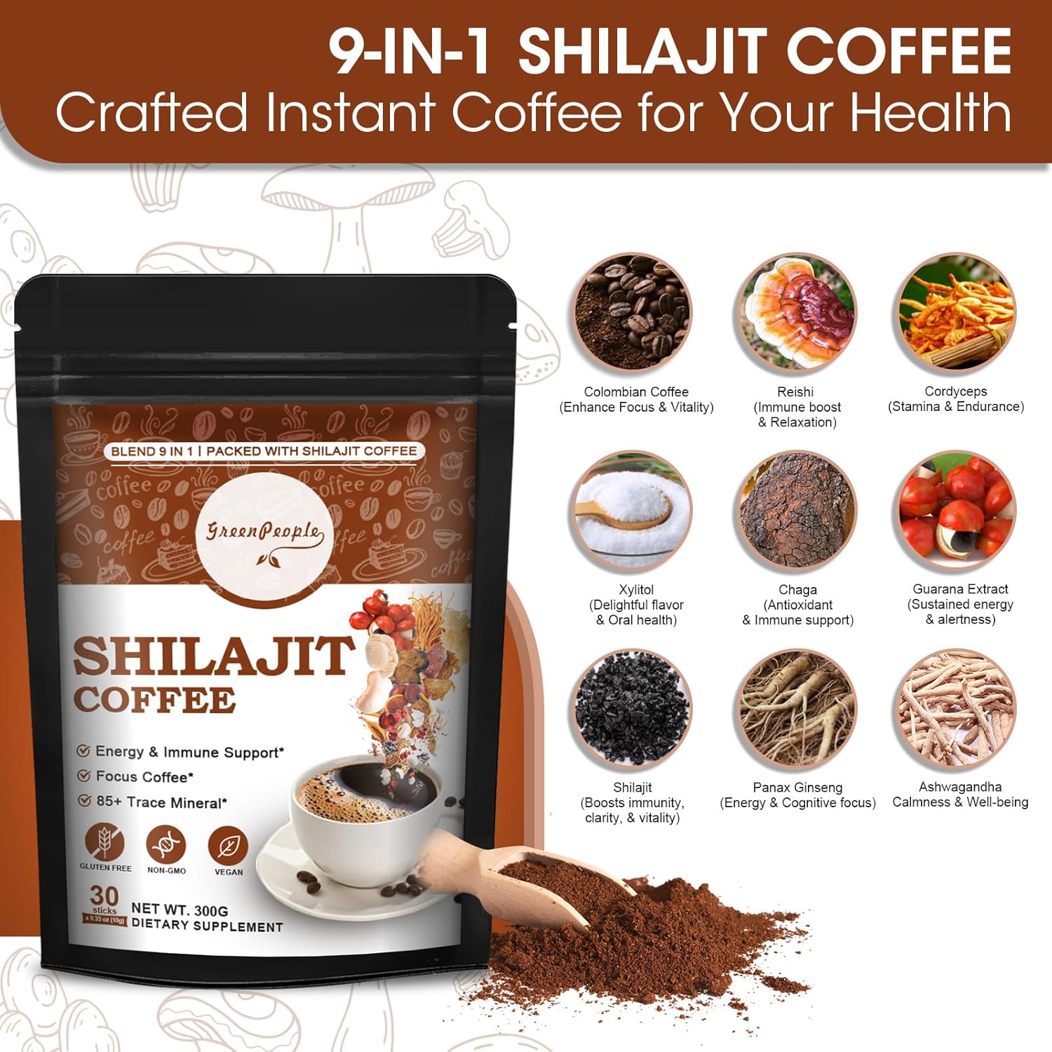 Organic Shilajit Coffee Powder with Ashwagandha, Chaga, Reishi Mushroom, and Ginseng - Superfood for Focus and Energy, 30 Servings