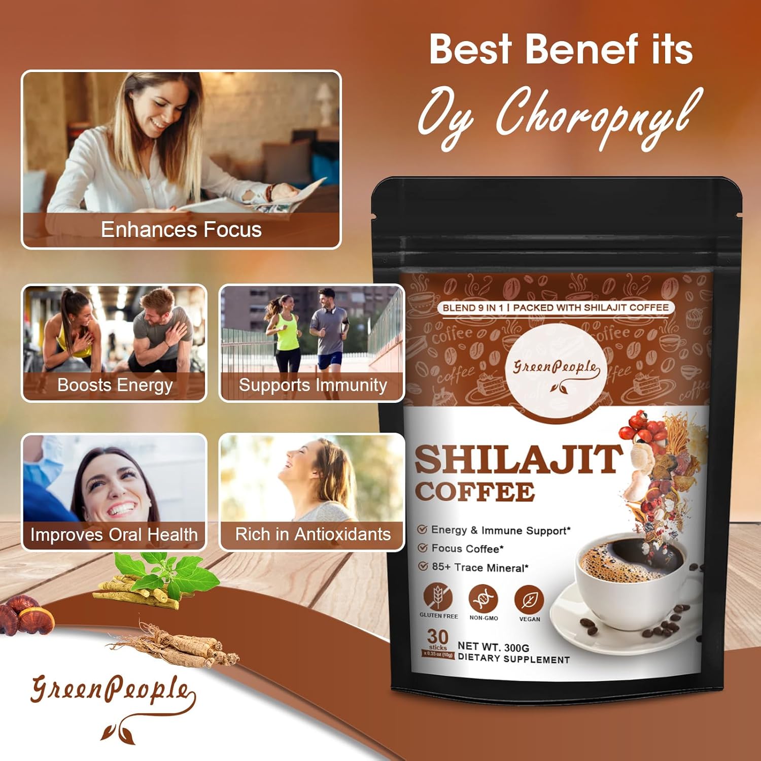 Organic Shilajit Coffee Powder with Ashwagandha, Chaga, Reishi Mushroom, and Ginseng - Superfood for Focus and Energy, 30 Servings