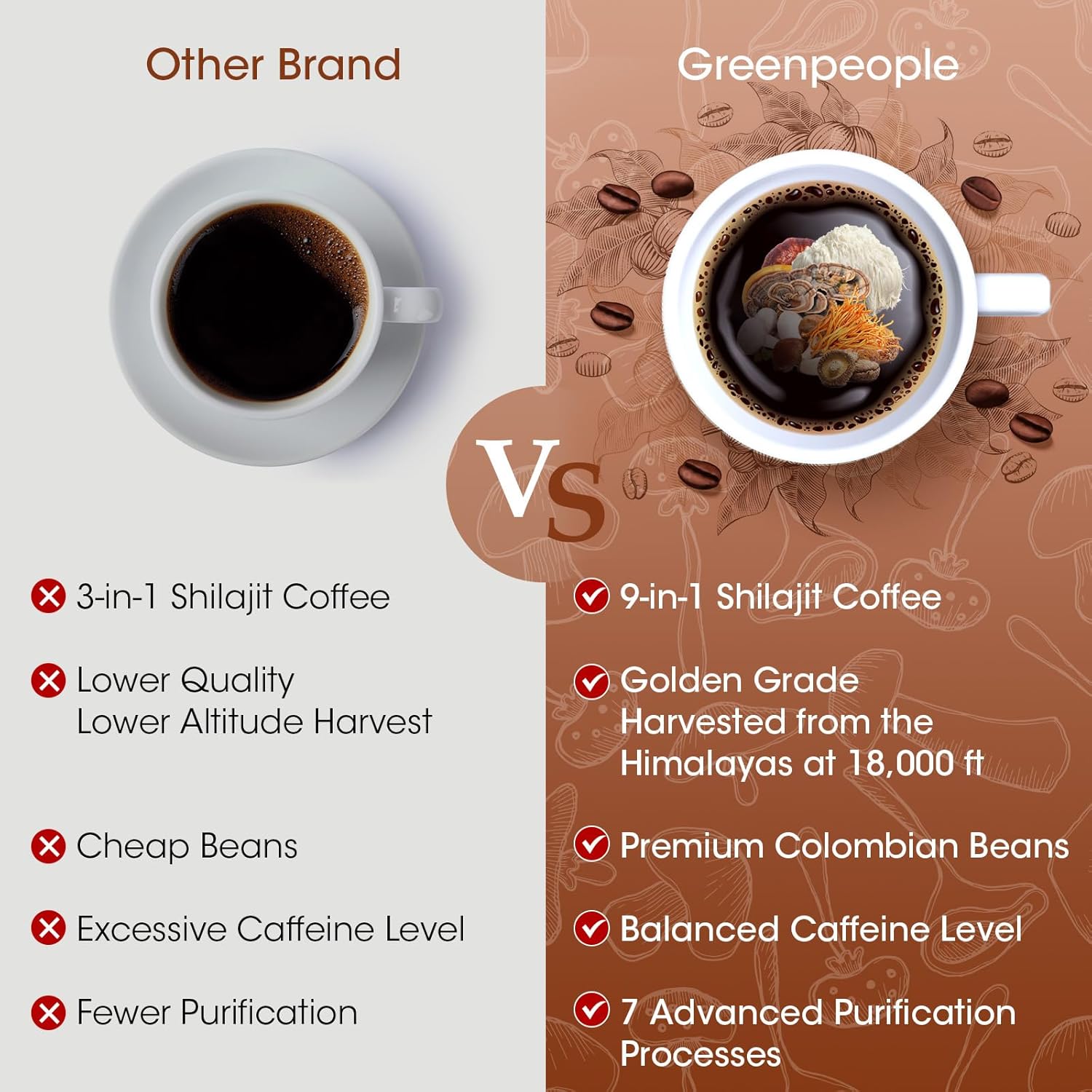 Organic Shilajit Coffee Powder with Ashwagandha, Chaga, Reishi Mushroom, and Ginseng - Superfood for Focus and Energy, 30 Servings