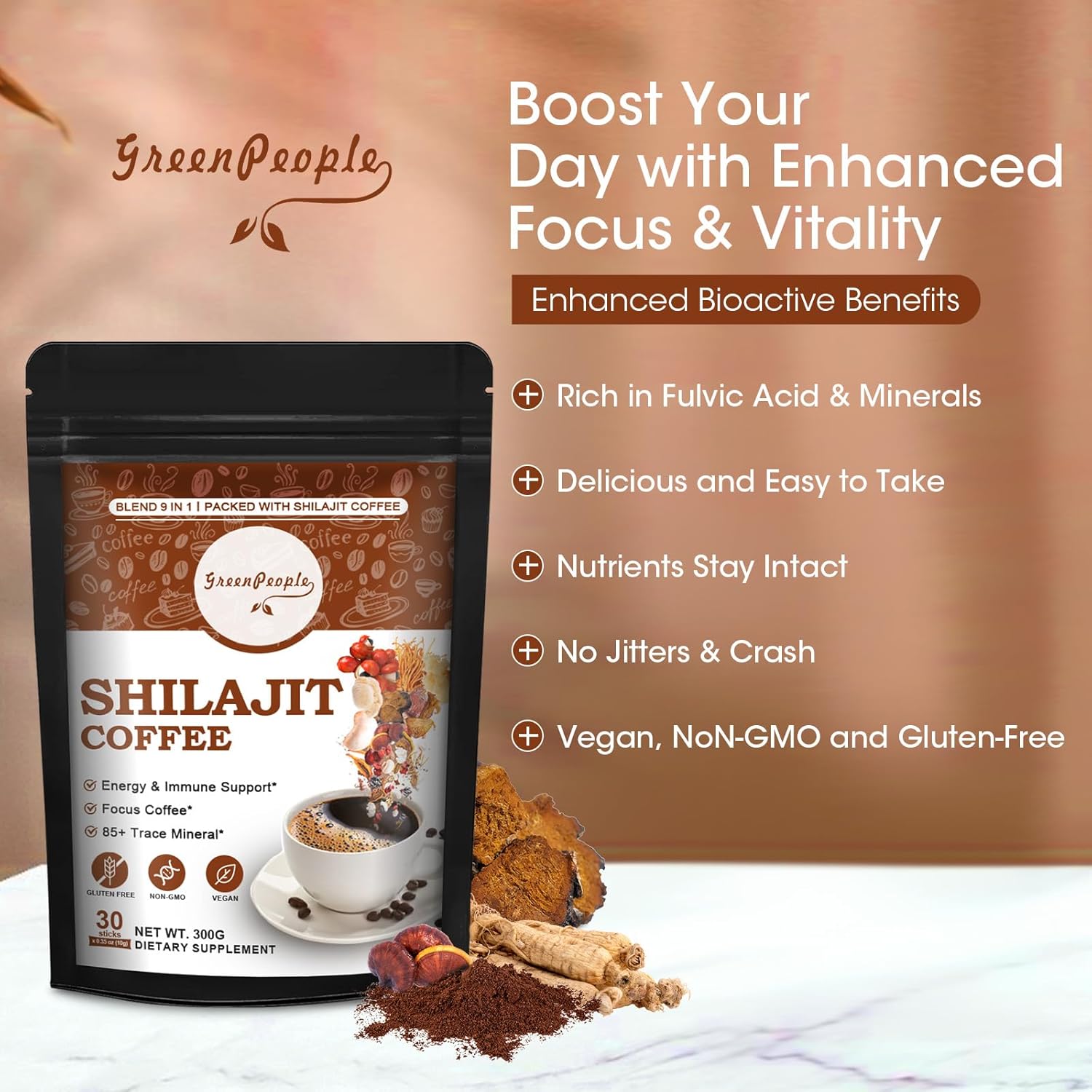 Organic Shilajit Coffee Powder with Ashwagandha, Chaga, Reishi Mushroom, and Ginseng - Superfood for Focus and Energy, 30 Servings