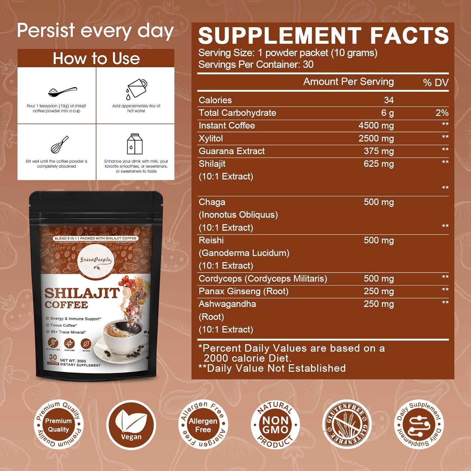 Organic Shilajit Coffee Powder with Ashwagandha, Chaga, Reishi Mushroom, and Ginseng - Superfood for Focus and Energy, 30 Servings