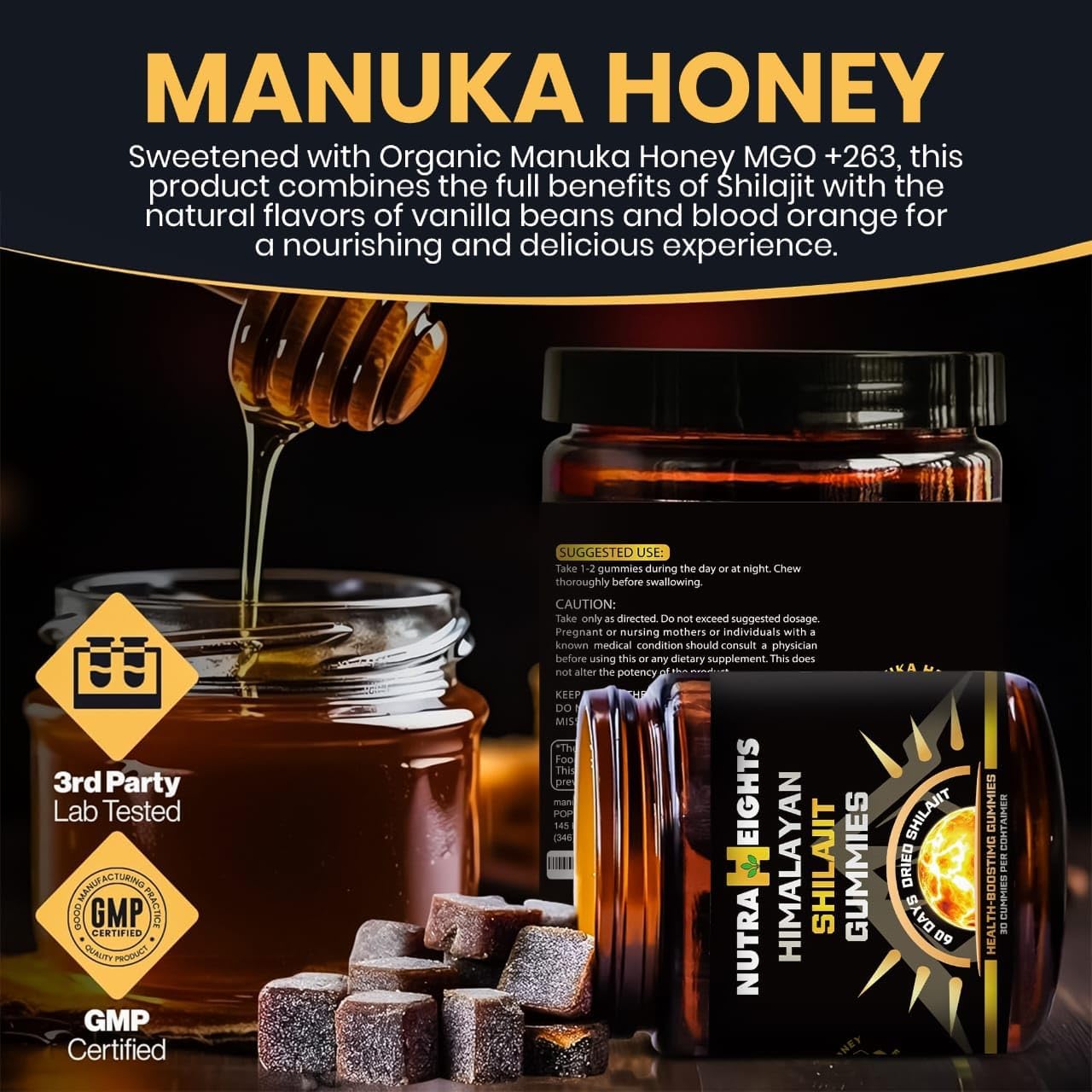Organic Shilajit Gummies with Manuka Honey - Orange Flavor | Cane Sugar-Free for Heart & Brain Support | 30 Gummies with Fulvic & Humic Acids