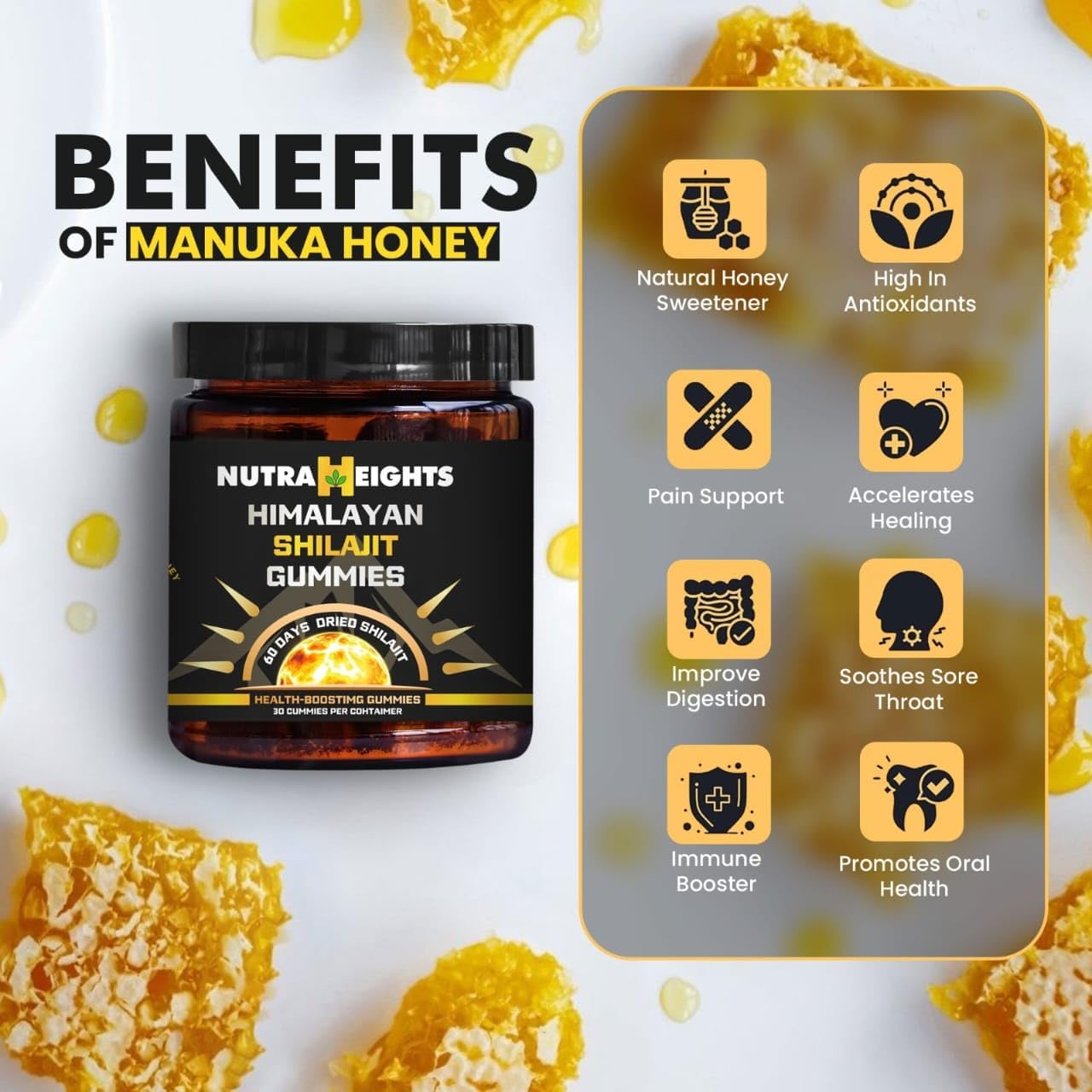 Organic Shilajit Gummies with Manuka Honey - Orange Flavor | Cane Sugar-Free for Heart & Brain Support | 30 Gummies with Fulvic & Humic Acids