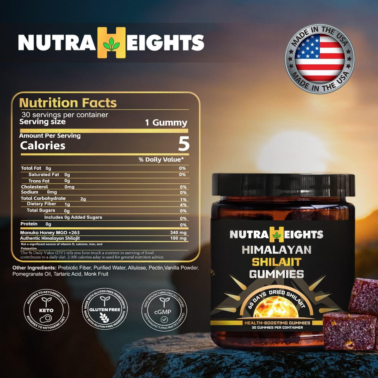 Organic Shilajit Gummies with Manuka Honey - Orange Flavor | Cane Sugar-Free for Heart & Brain Support | 30 Gummies with Fulvic & Humic Acids