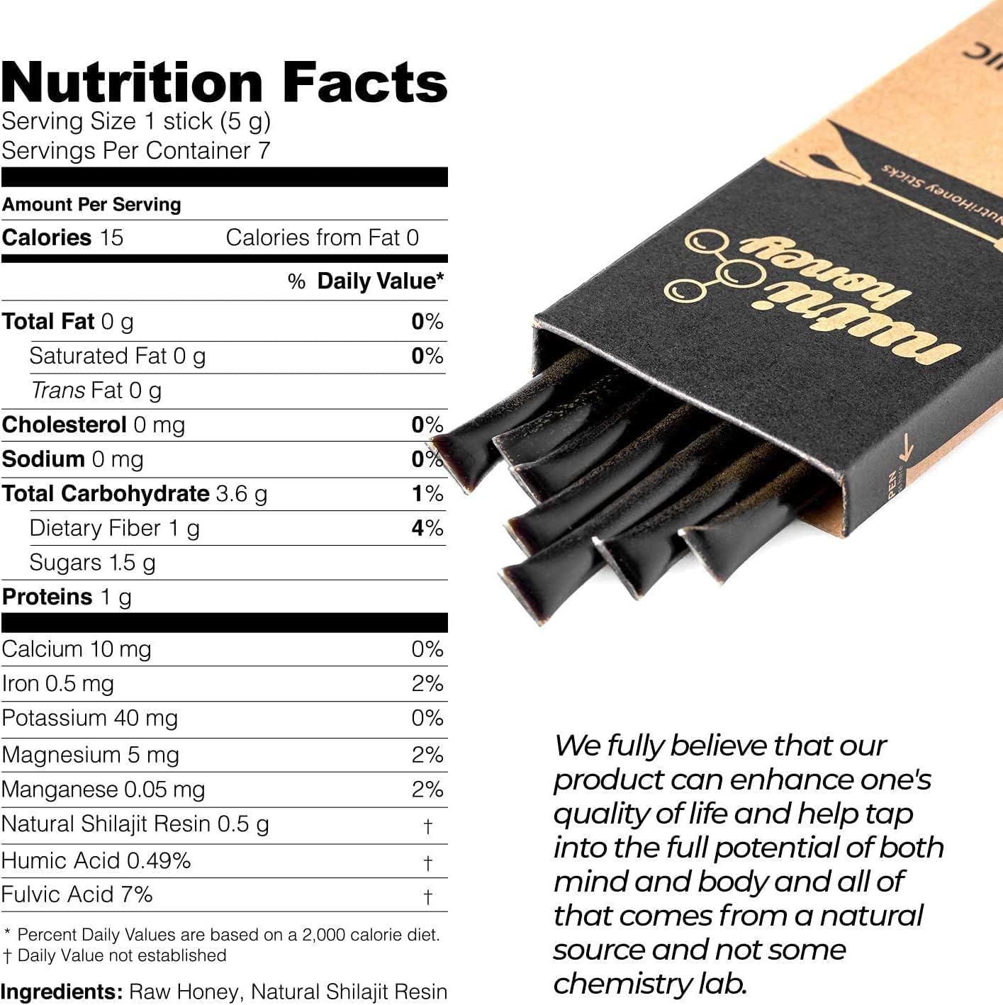 Organic Shilajit Honey Sticks - Energy-Boosting Resin Infused with Raw Honey, Fulvic Acid, and Trace Minerals - Plant-Based Immune Support and Vitality - Pack of 7 Sticks