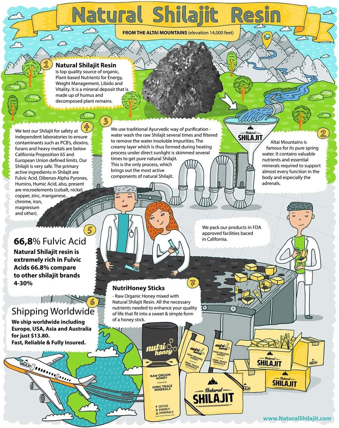 Organic Shilajit Honey Sticks - Energy-Boosting Resin Infused with Raw Honey, Fulvic Acid, and Trace Minerals - Plant-Based Immune Support and Vitality - Pack of 7 Sticks