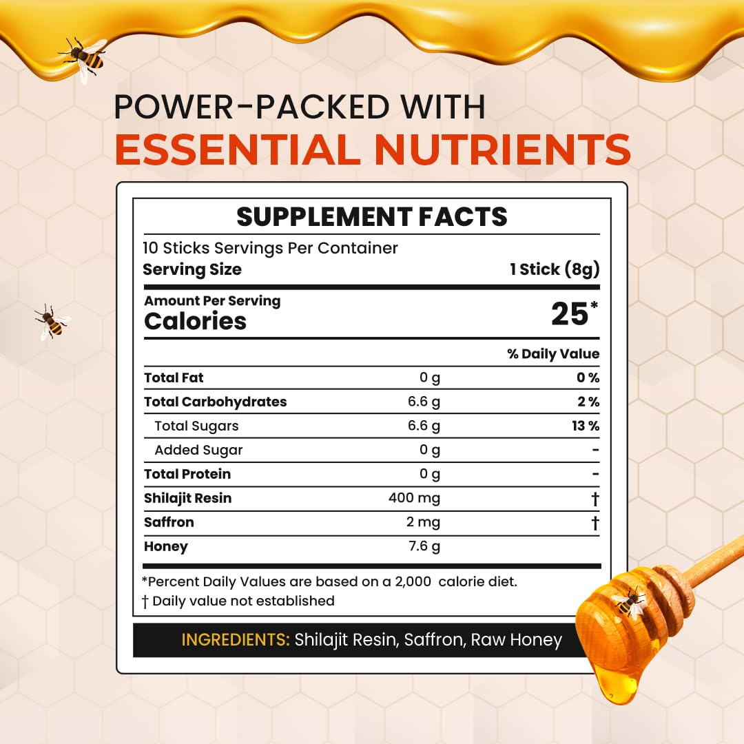 Organic Shilajit Infused Honey Sticks | USA Seller | Himalayan Resin & Kashmiri Saffron | Ayurvedic Wellness | 30 Portable Sticks with Natural Ingredients