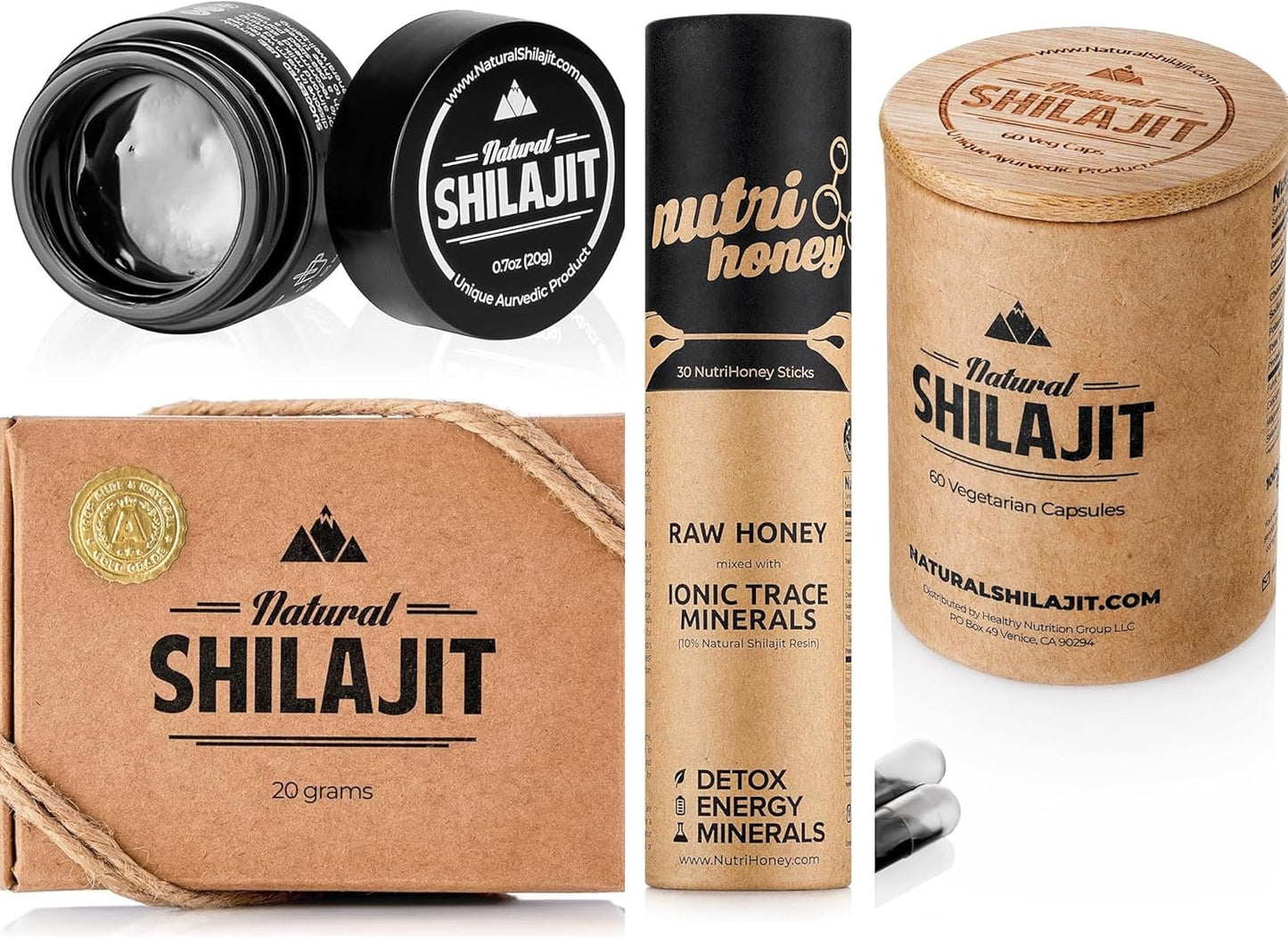 Organic Shilajit Resin 20g, Shilajit Honey Sticks 30 Count, Capsules 60 Count - Pure Himalayan Supplement Pack