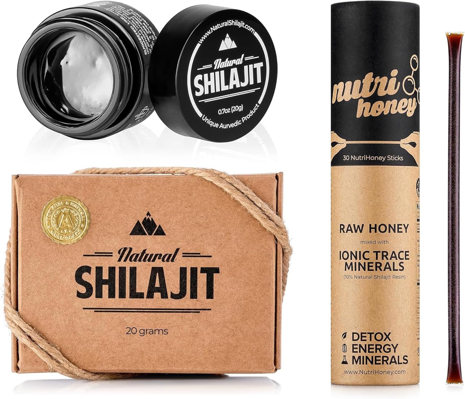 Organic Shilajit Resin Supplement - 20g with Fulvic Acid & Trace Minerals - 30 Count Shilajit Honey Sticks