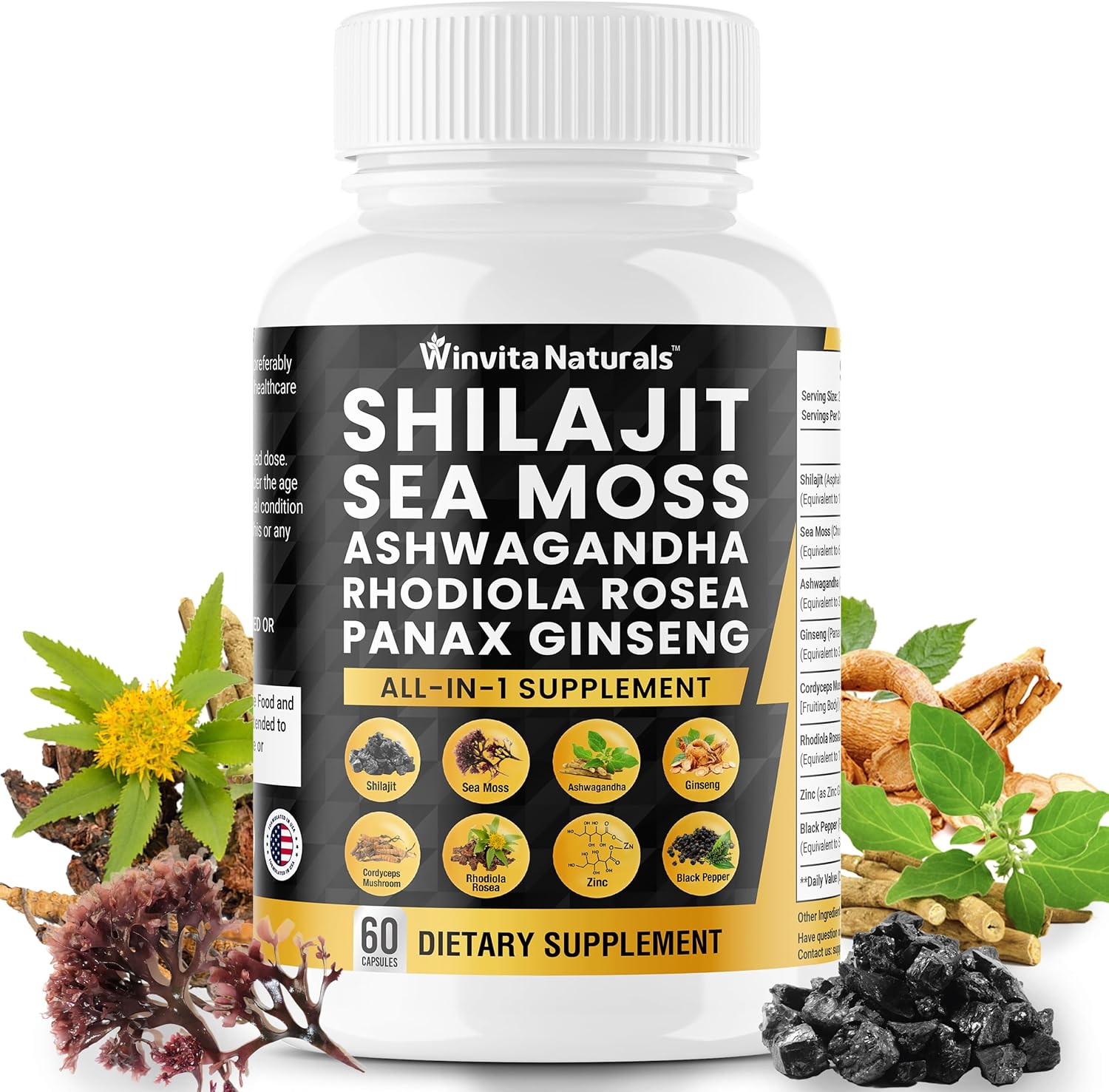 Organic Shilajit Sea Moss Capsules with Ashwagandha, Ginseng, Cordyceps, and Rhodiola Rosea - 10,000mg Blend with Zinc and Trace Minerals - USA Made