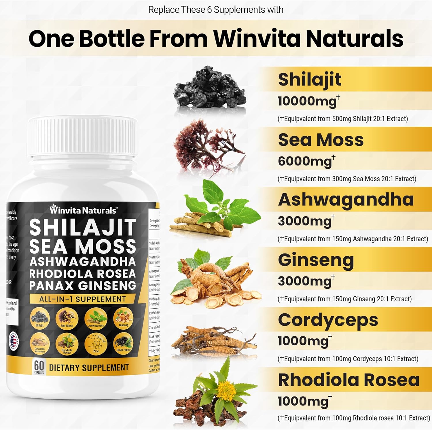Organic Shilajit Sea Moss Capsules with Ashwagandha, Ginseng, Cordyceps, and Rhodiola Rosea - 10,000mg Blend with Zinc and Trace Minerals - USA Made