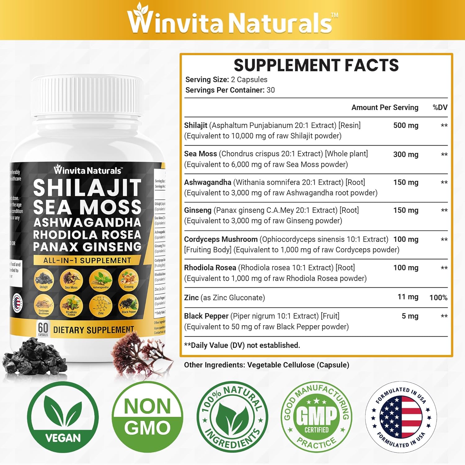 Organic Shilajit Sea Moss Capsules with Ashwagandha, Ginseng, Cordyceps, and Rhodiola Rosea - 10,000mg Blend with Zinc and Trace Minerals - USA Made