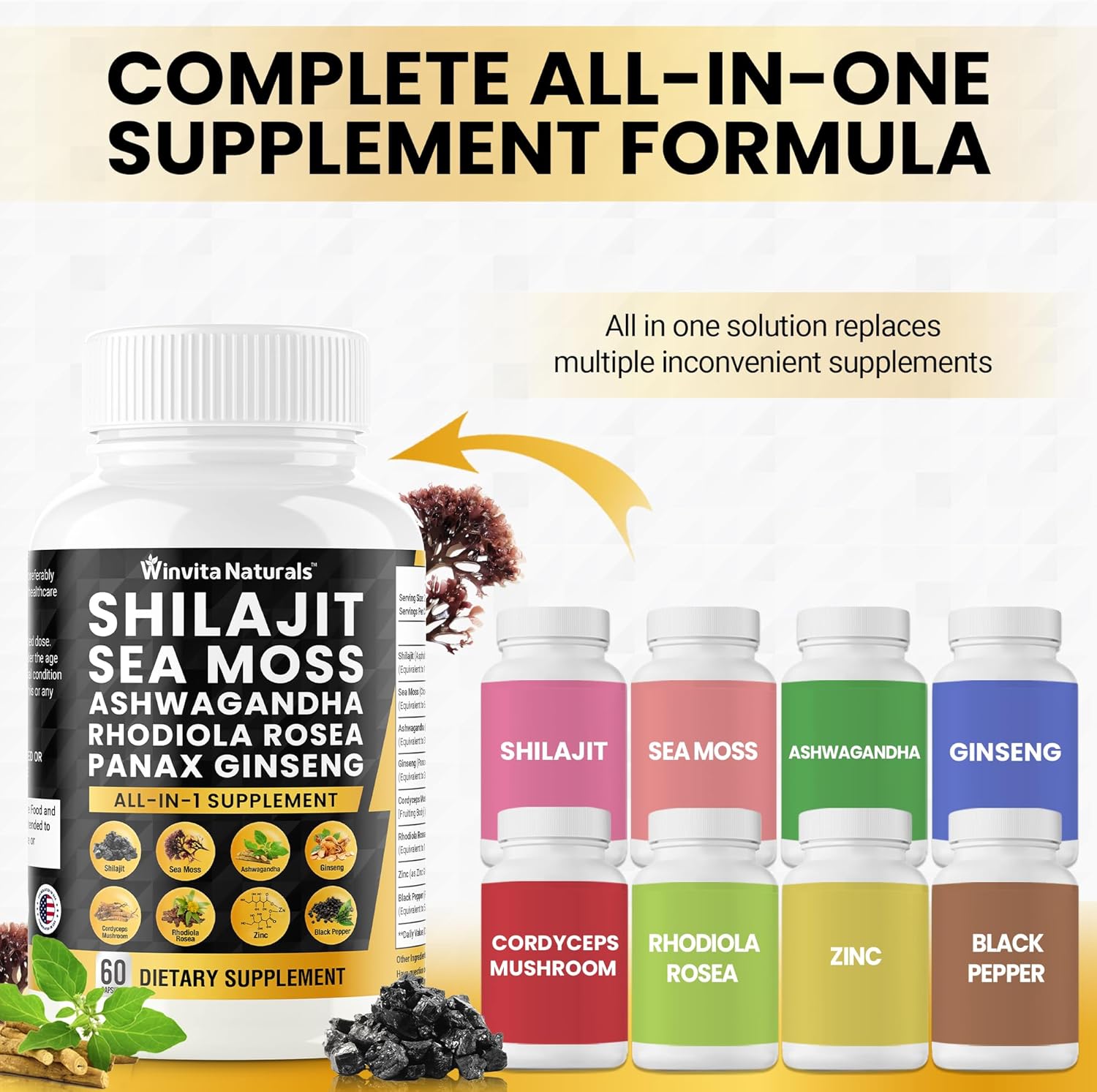 Organic Shilajit Sea Moss Capsules with Ashwagandha, Ginseng, Cordyceps, and Rhodiola Rosea - 10,000mg Blend with Zinc and Trace Minerals - USA Made