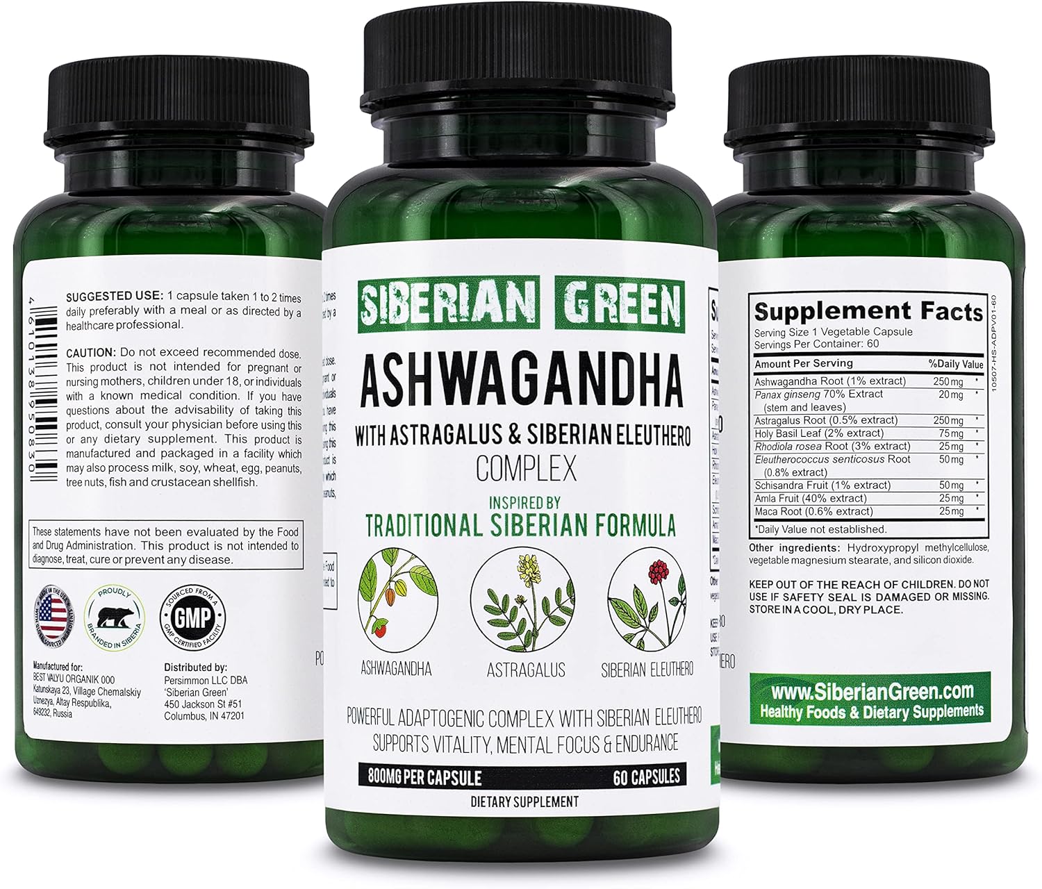 Organic Siberian Green Ashwagandha Root Capsules with Astragalus & Eleuthero Ginseng Complex for Herbal Support