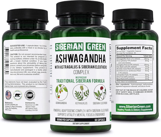 Organic Siberian Green Ashwagandha Root Capsules with Astragalus & Eleuthero Ginseng Complex for Herbal Support
