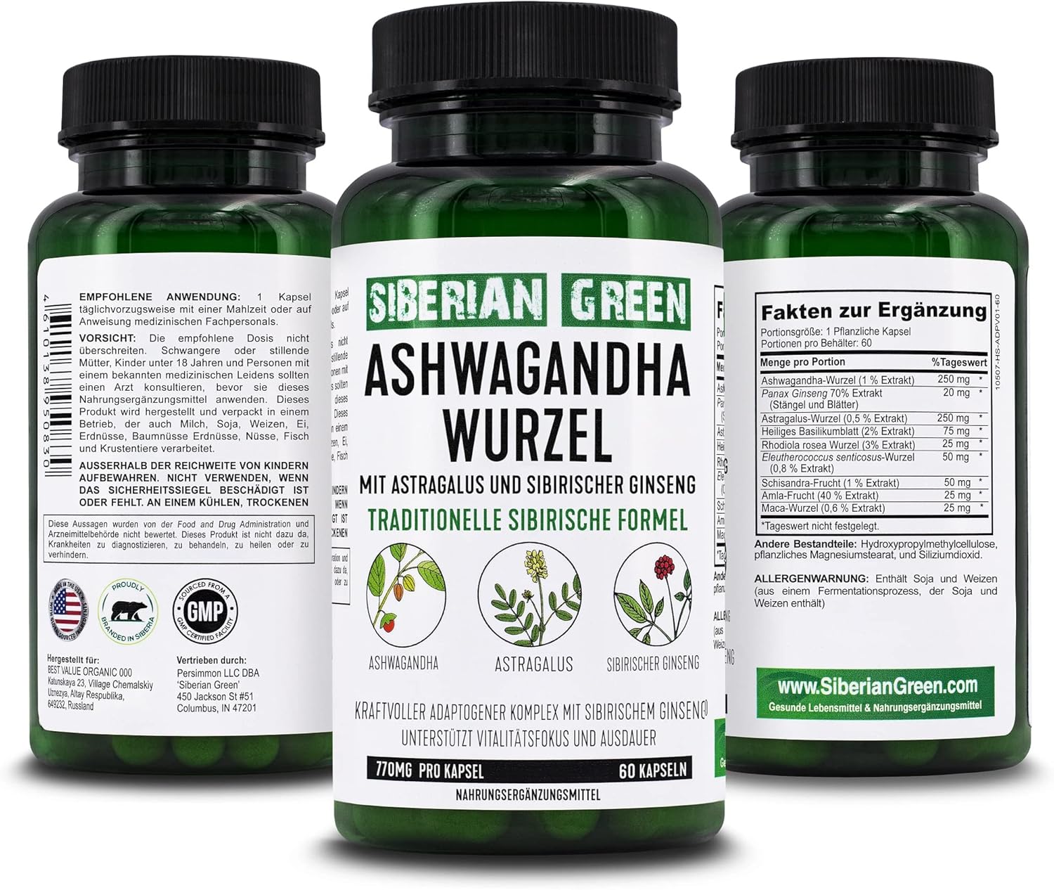 Organic Siberian Green Ashwagandha Root Capsules with Astragalus & Eleuthero Ginseng Complex for Herbal Support