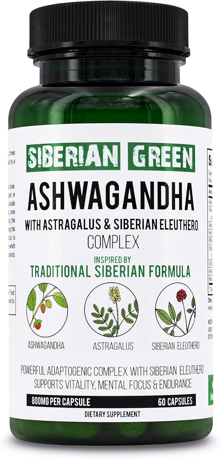 Organic Siberian Green Ashwagandha Root Capsules with Astragalus & Eleuthero Ginseng Complex for Herbal Support