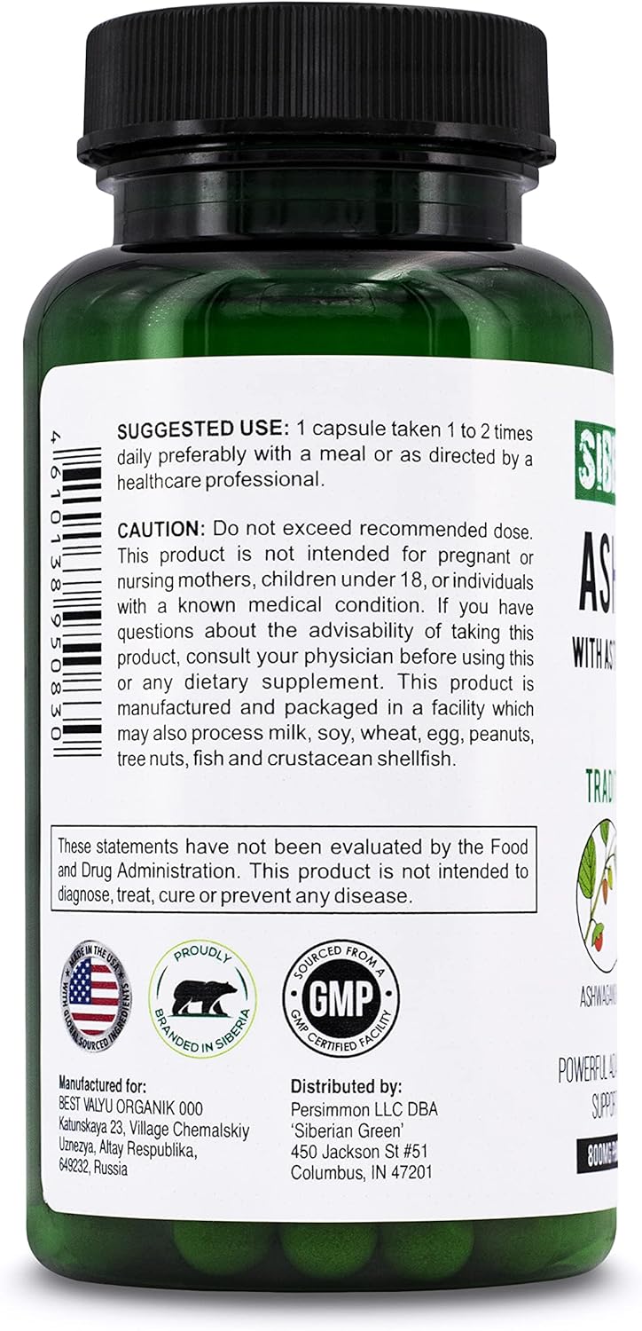Organic Siberian Green Ashwagandha Root Capsules with Astragalus & Eleuthero Ginseng Complex for Herbal Support
