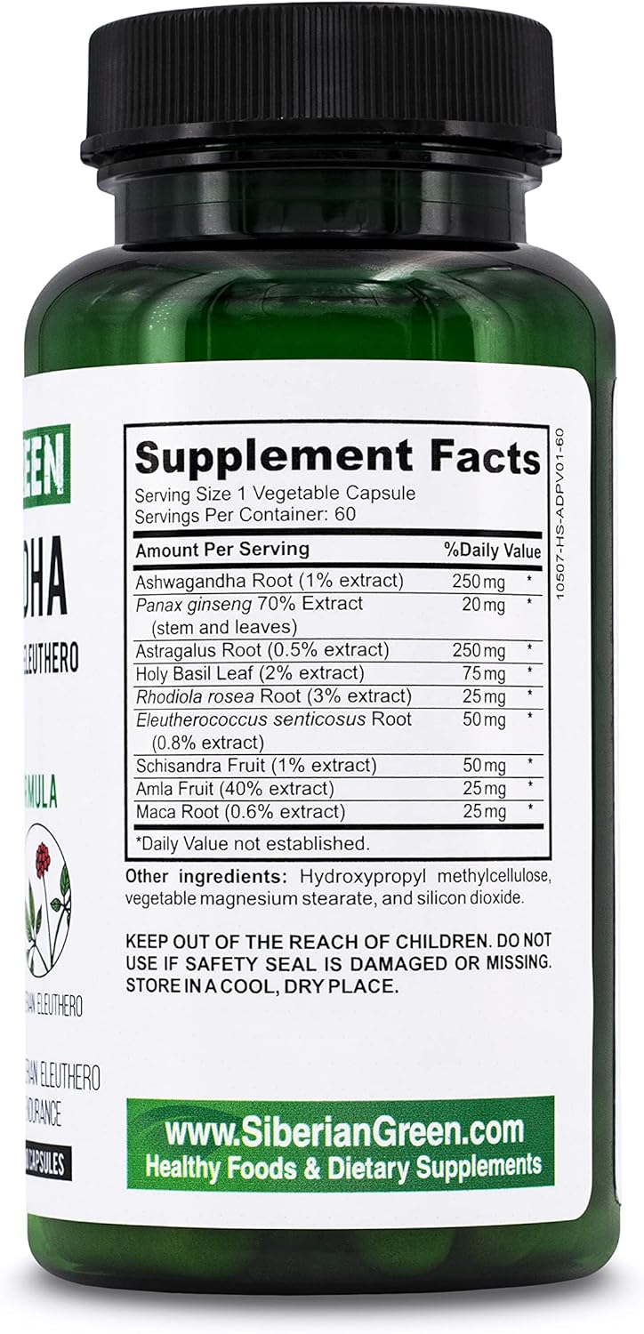 Organic Siberian Green Ashwagandha Root Capsules with Astragalus & Eleuthero Ginseng Complex for Herbal Support