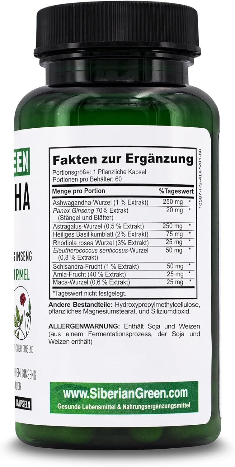 Organic Siberian Green Ashwagandha Root Capsules with Astragalus & Eleuthero Ginseng Complex for Herbal Support