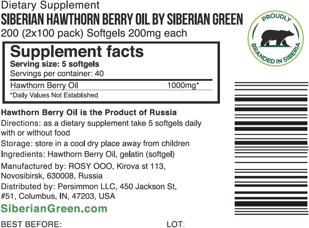Organic Siberian Hawthorn Oil Capsules - 400 Extra Virgin Cold Pressed Capsules for Best Value