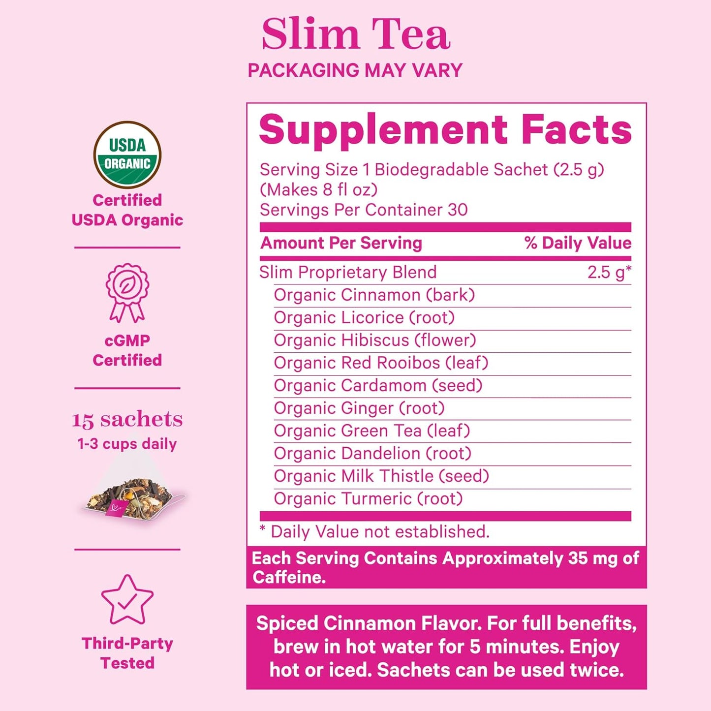 Organic Slim Tea with Dandelion Root, Green Tea, Ginger, and Hibiscus for Detox, Bloating Relief, Metabolism Support, and Energy - 15 Sachets