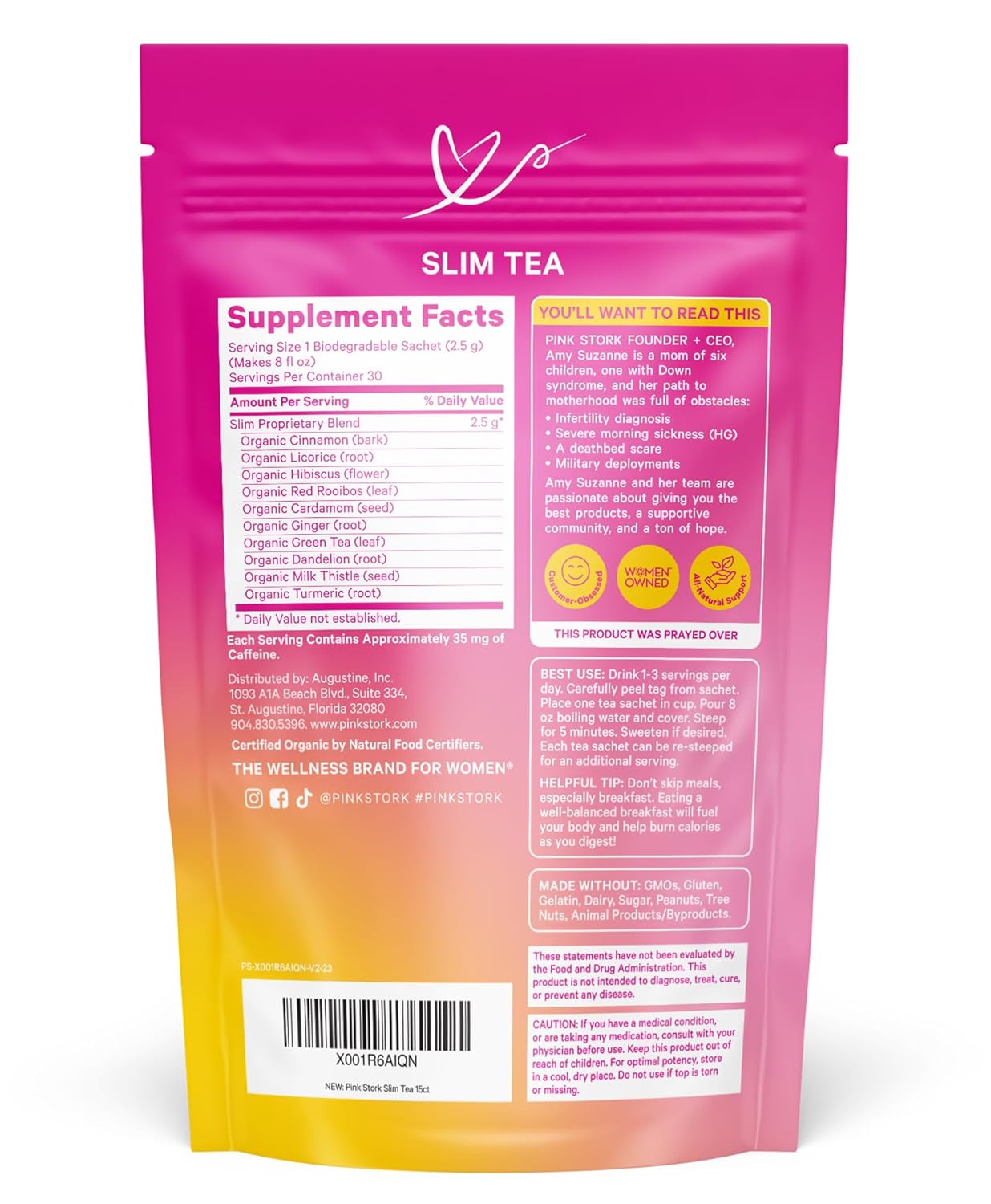 Organic Slim Tea with Dandelion Root, Green Tea, Ginger, and Hibiscus for Detox, Bloating Relief, Metabolism Support, and Energy - 15 Sachets