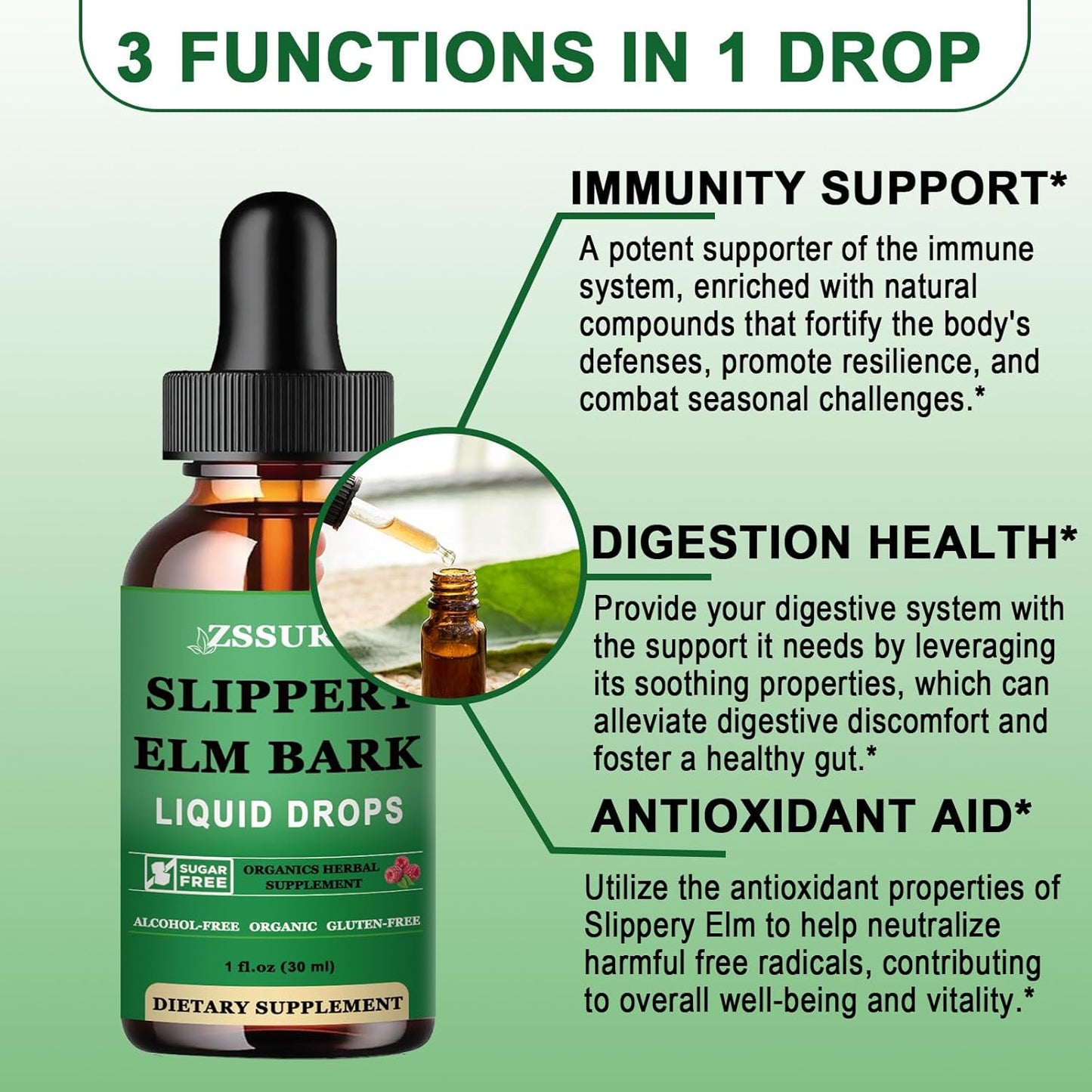 Organic Slippery Elm Bark Liquid Drops - 2 Pack, 1000mg - Digestive Gut Health Support, Herbal Supplement - Vegan, Non-GMO, Gluten Free, Alcohol Free