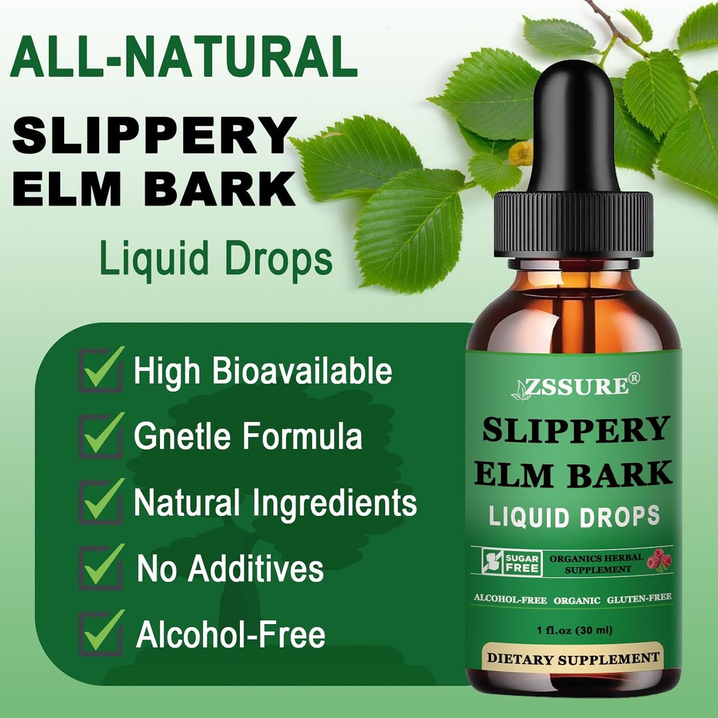 Organic Slippery Elm Bark Liquid Drops - 2 Pack, 1000mg - Digestive Gut Health Support, Herbal Supplement - Vegan, Non-GMO, Gluten Free, Alcohol Free