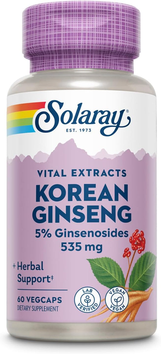 Organic Solaray Korean Ginseng Root Extract Capsules - Natural Energy and Stress Support - 5% Ginsenosides - Vegan Formula - 60 Servings