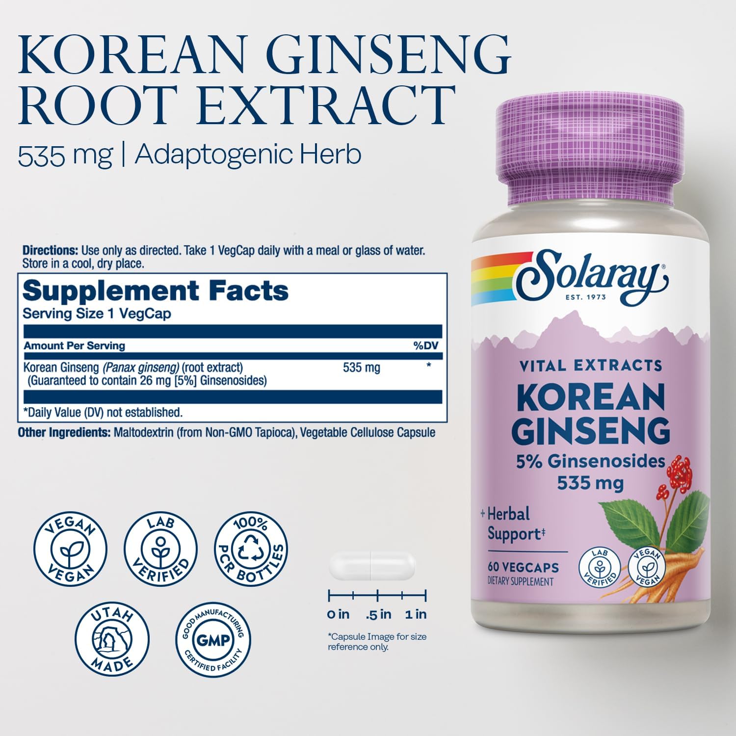 Organic Solaray Korean Ginseng Root Extract Capsules - Natural Energy and Stress Support - 5% Ginsenosides - Vegan Formula - 60 Servings