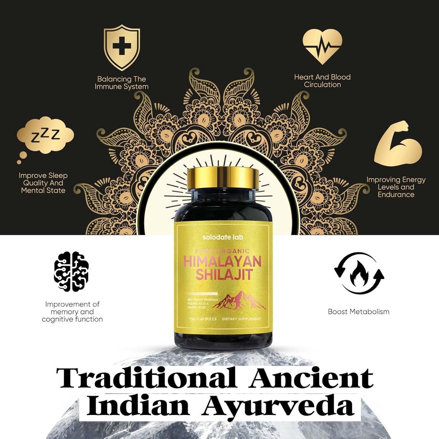 Organic Solodate Lab Shilajit Capsules with 85+ Trace Minerals for Energy and Immune Support for Men and Women