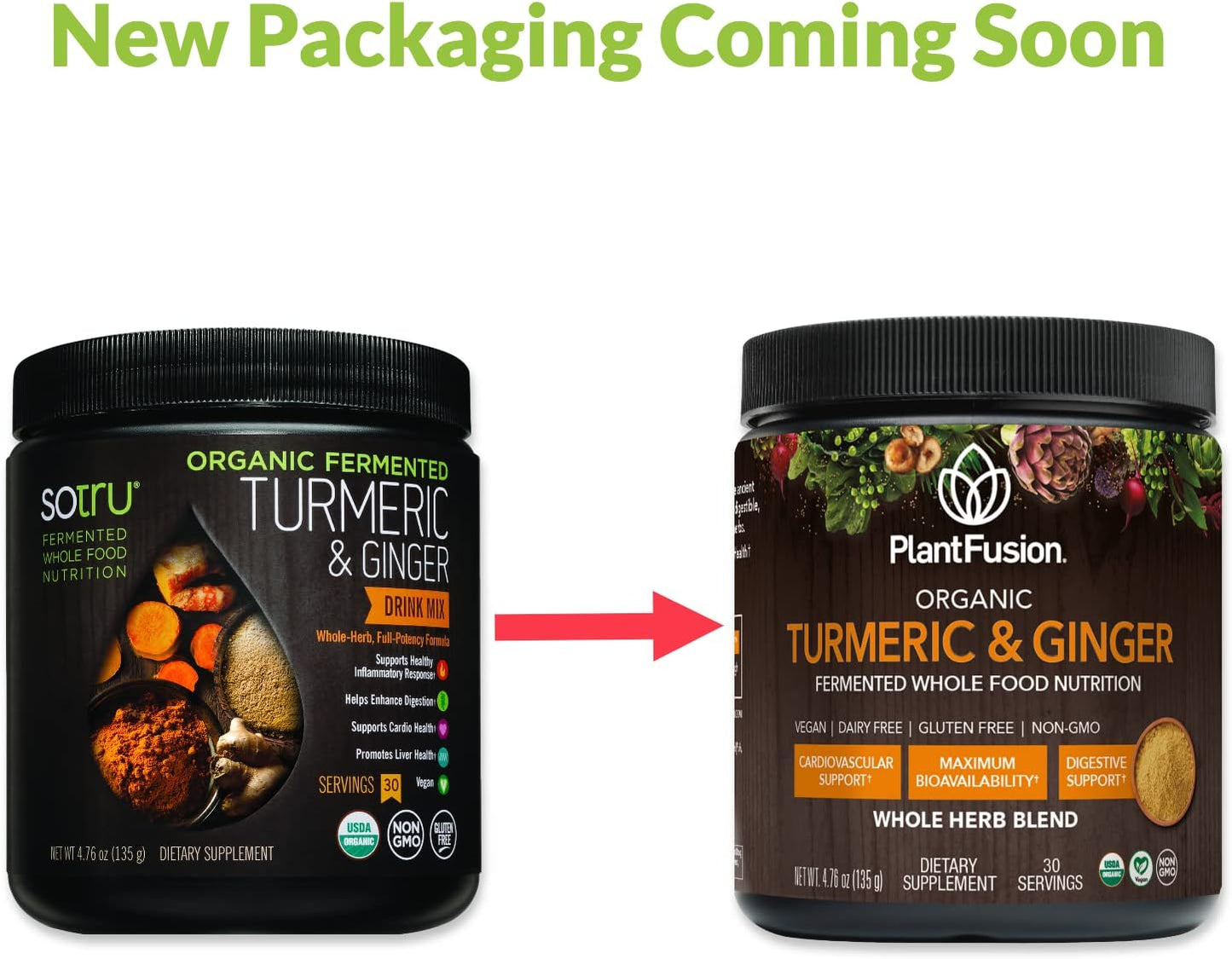 Organic SOTRU PlantFusion Turmeric & Ginger Drink Mix - Herbal Supplement Powder with Curcuminoids - Non-GMO, Vegan, Gluten-Free, 4.76 oz