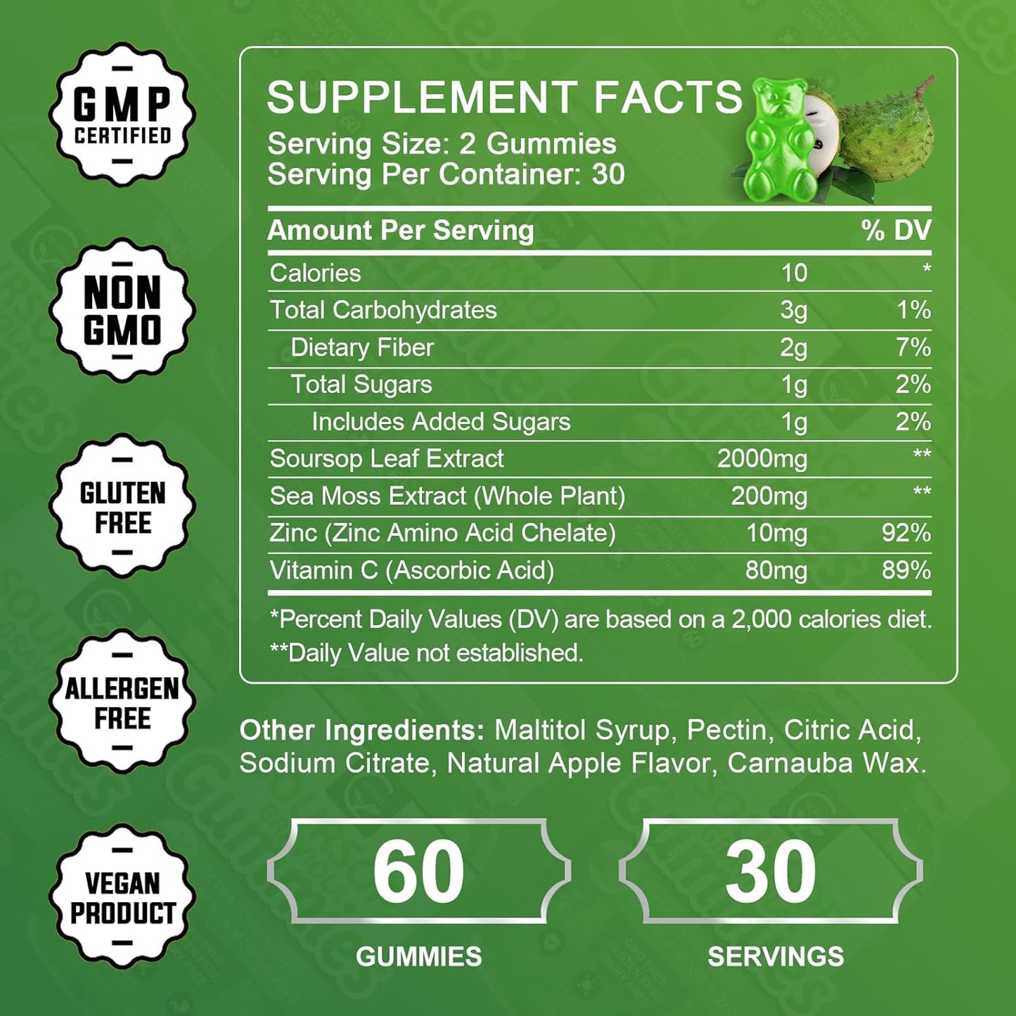 Organic Soursop Graviola Gummies - 2200mg Extra Strength with Sea Moss Extract, Zinc, Vitamin C - Immunity & Antioxidant Support, Gluten Free, Vegan - 60 Gummies