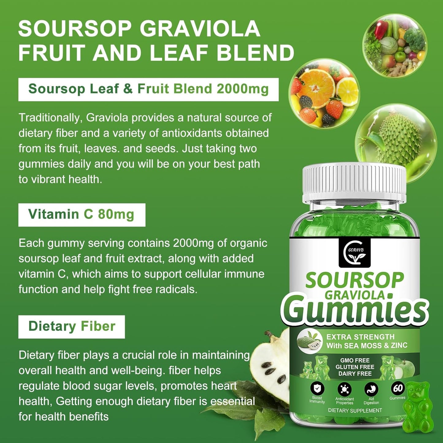 Organic Soursop Graviola Gummies - 2200mg Extra Strength with Sea Moss Extract, Zinc, Vitamin C - Immunity & Antioxidant Support, Gluten Free, Vegan - 60 Gummies