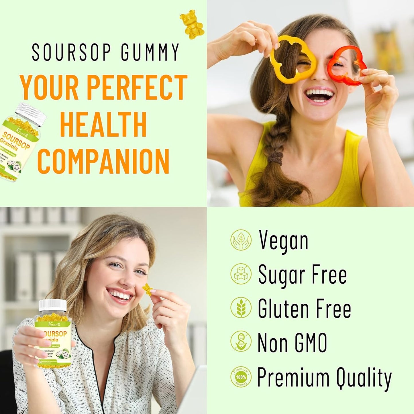 Organic Soursop Graviola Gummies 2 Pack - Cell Support & Immune Boost - Pineapple Flavor - Sugar Free & Vegan