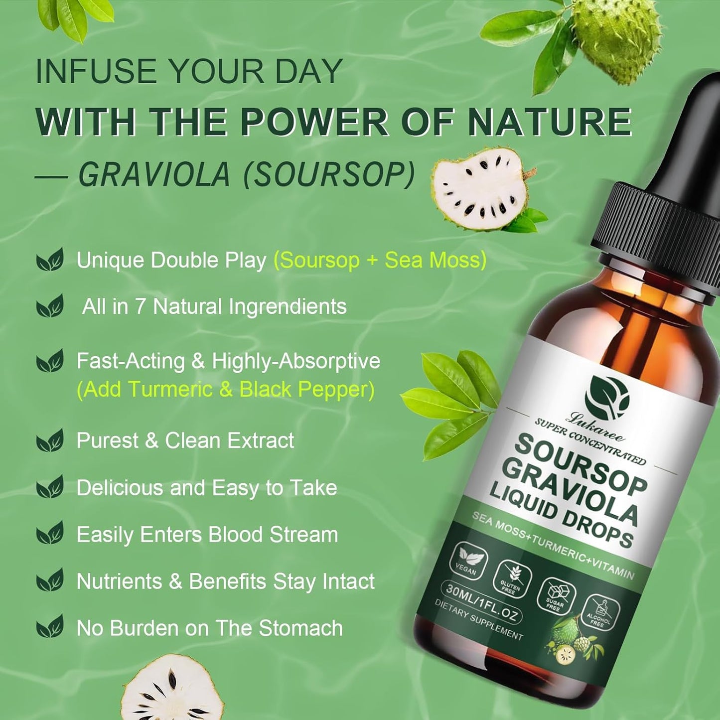Organic Soursop Graviola Leaf Extract Drop with Sea Moss for Immunity & Antioxidant Support - 1 Fl Oz Liquid Supplement